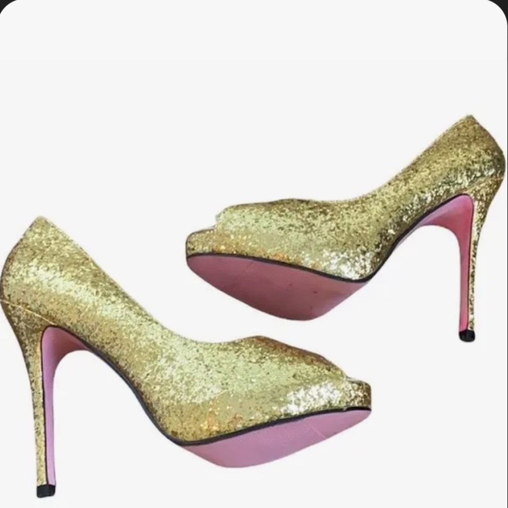 Gold Glitter Peep Toe heels Leg Avenue size 8